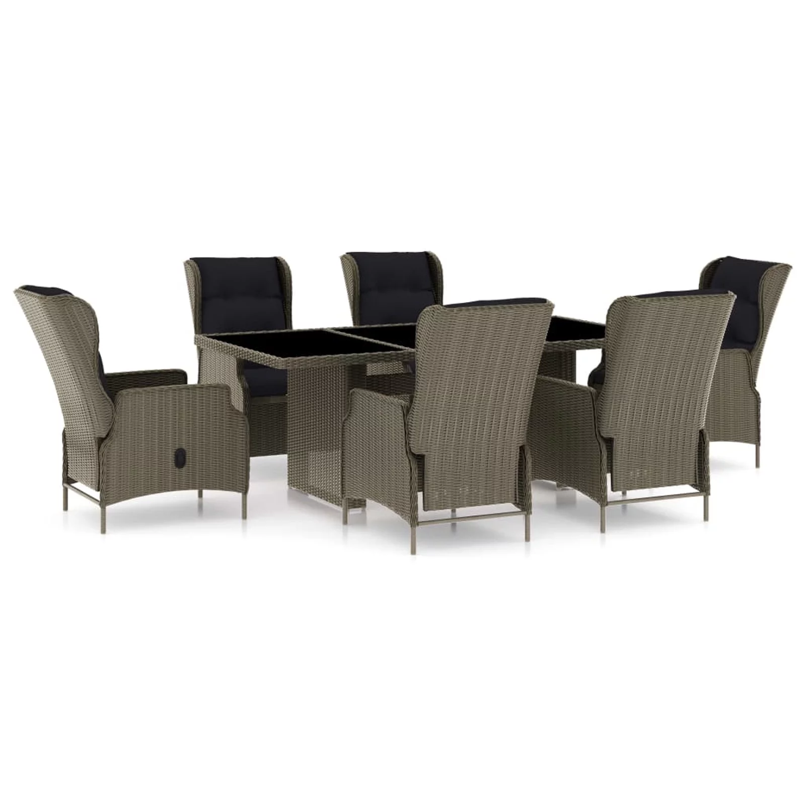 Anself 7 Piece Patio Dining Set Glass Tabletop Table and 6 Backrest Adjustable Chairs with Seat and Back Cushion Brown Poly Rattan for Outdoor