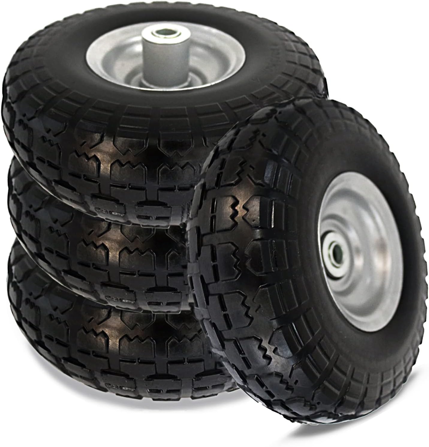 BAIVE BW 4 Pcs 10 Flat Free Tires Solid Non-inflated Tires Wheels, 4.10/3.50-4 Tire with 5/8 Ball Bearings, for Wheelbarrow, Garden Wagon Carts