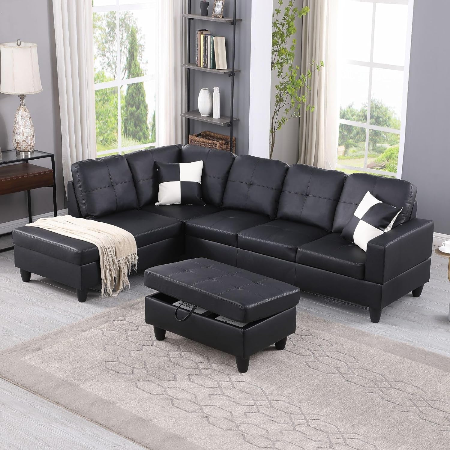 103 Inch L Shape 3 Piece Sectional Sofa Set, Upholstered Corner Couch with Storage Ottoman & Right Chaise Lounge, Faux Leather Tufted Cushions
