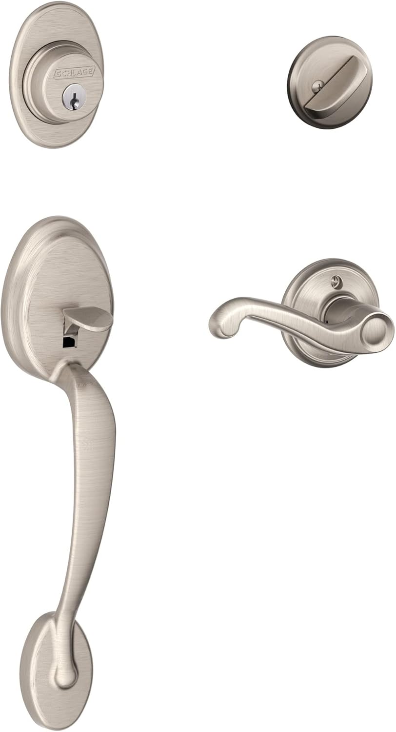 Schlage F60 V PLY 619 FLA Plymouth Front Entry Handleset with Flair Lever, Deadbolt Keyed 1 Side, Satin Nickel