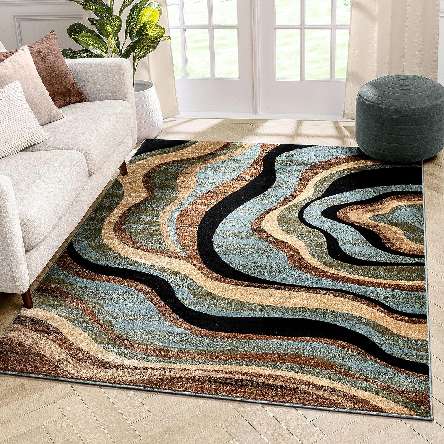 Hudson Waves Blue Brown Geometric Modern Casual Area Rug 8x10 8x11 ( 7'10" x 9'