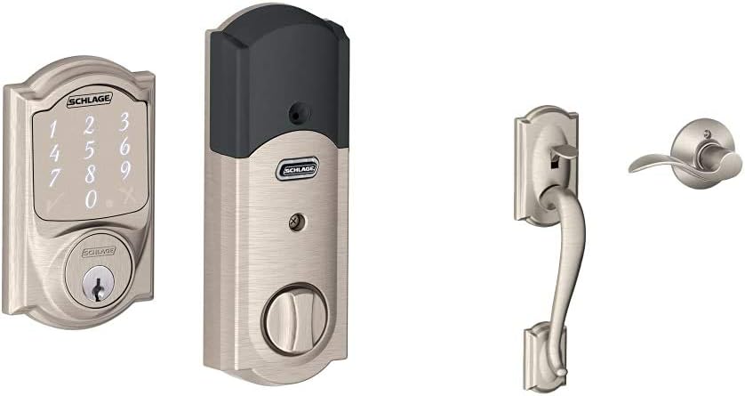 Schlage BE479AA V CAM 619 Satin Nickel Sense Smart Deadbolt with Camelot Trim & Camelot Front Entry Handle Accent Right-Handed Interior Lever (Satin