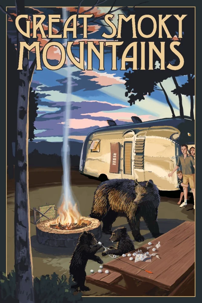 Great Smoky Mountains, Retro Camper and Lake with Bear Family (24x36 Giclee Gallery Art Print, Vivid Textured Wall Decor)