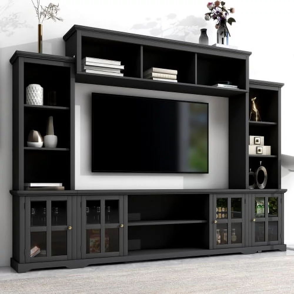 Minimalism Style Entertainment Wall Unit with Bridge, Modern TV Console Table for TVs Up to 70", Multifunctional TV Stand with Tempered Glass Door
