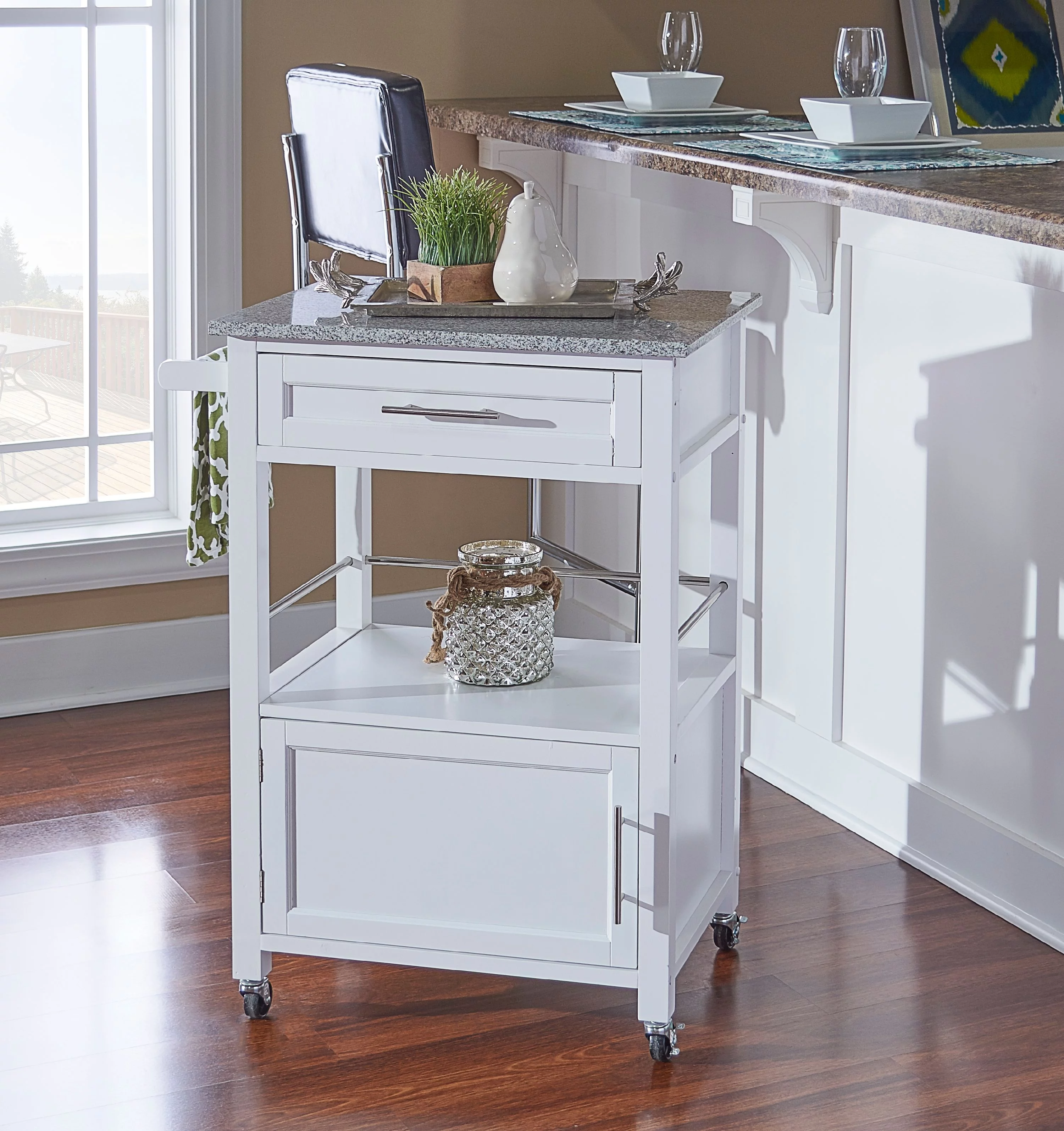Linon Mitchell Wood Granite Top Kitchen Cart in White