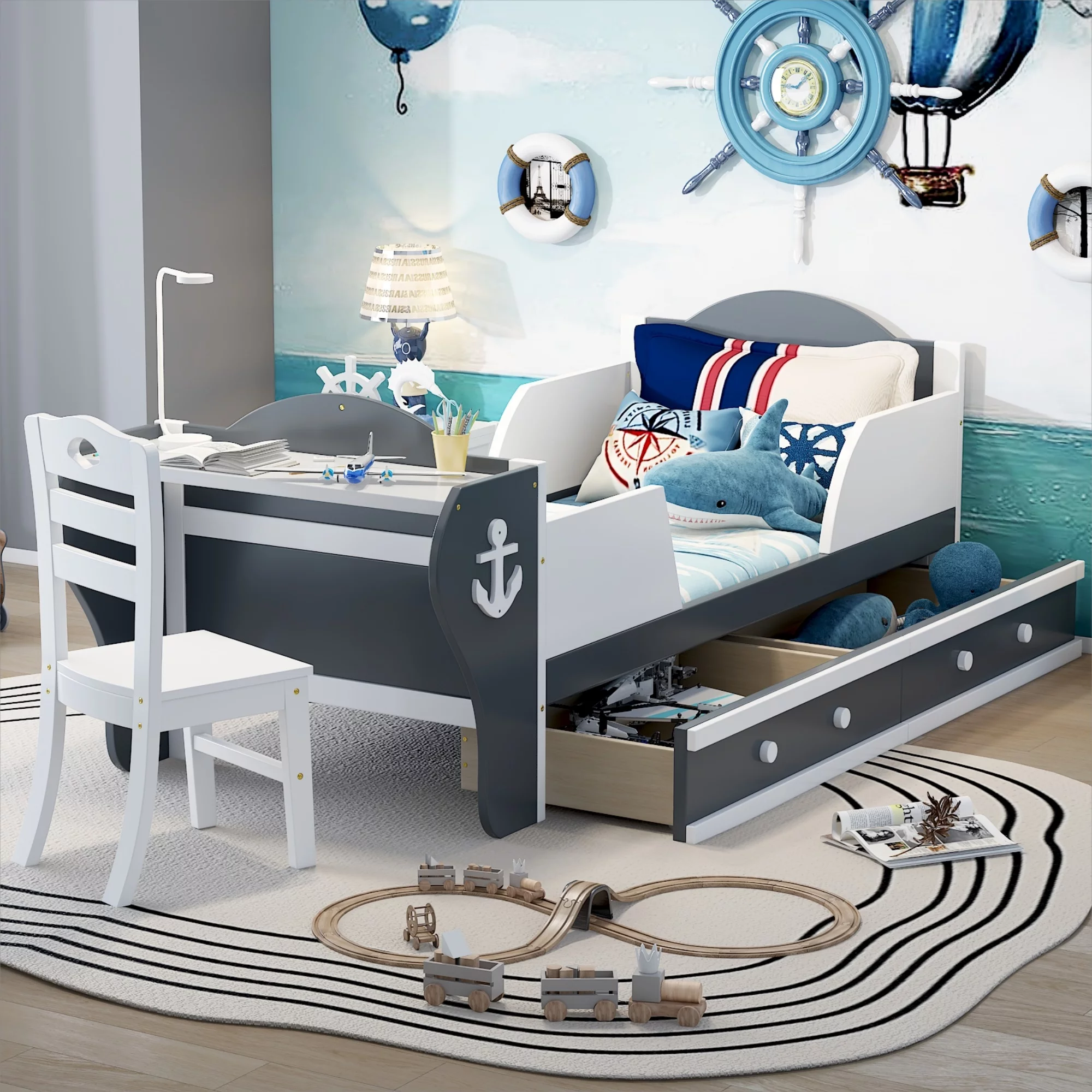 CoSoTower Twin Size Boat-Shaped Platform Bed with Two Drawers,Twin Bed with Desk and Chair for Bedroom,White+Gray