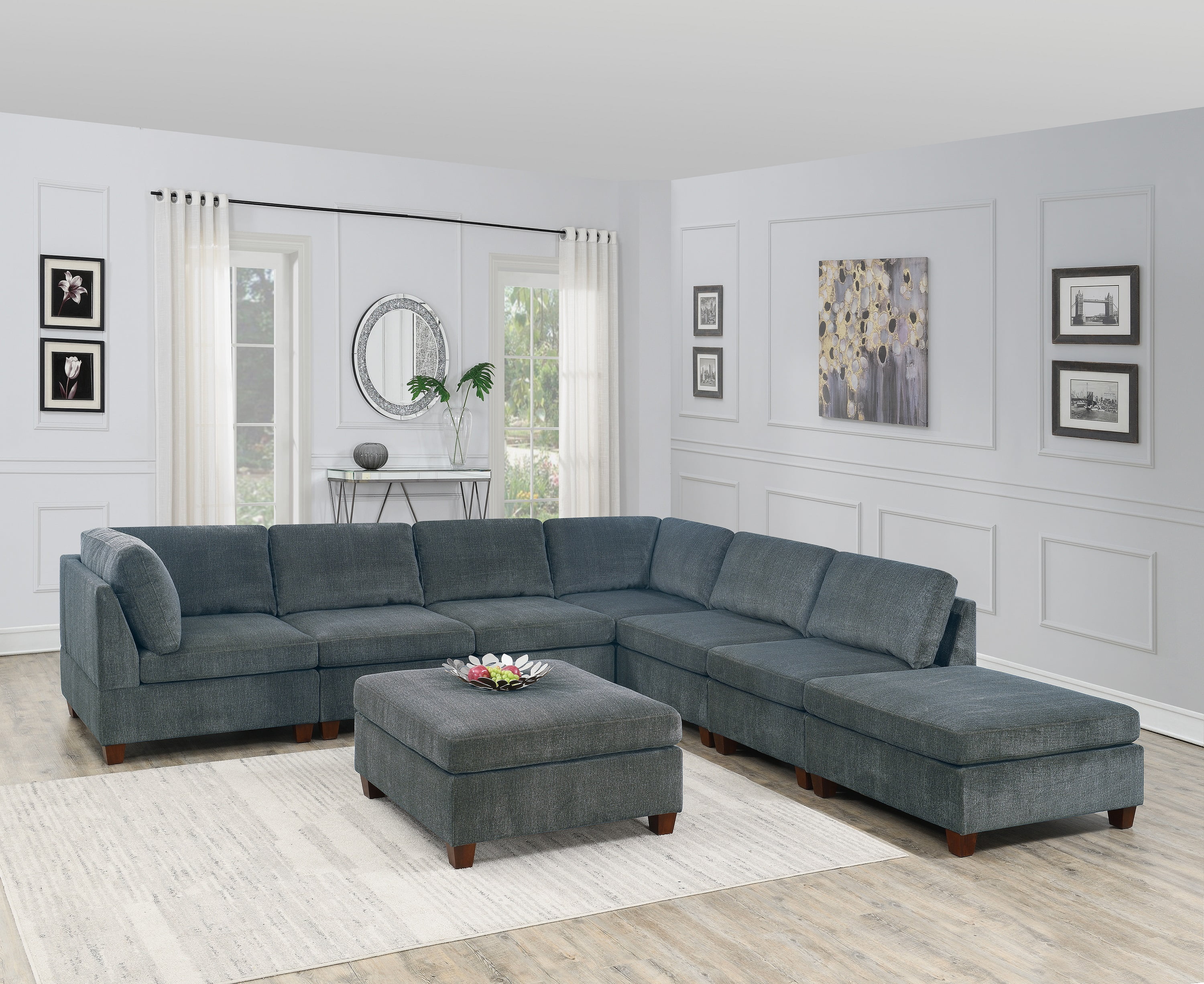 Homiyad Living Room Furniture Grey Chenille Modular Sectional 8pc Set Large Corner L-Sectional Modern Couch 2x Corner Wedge 4x Armless Chairs and 2x