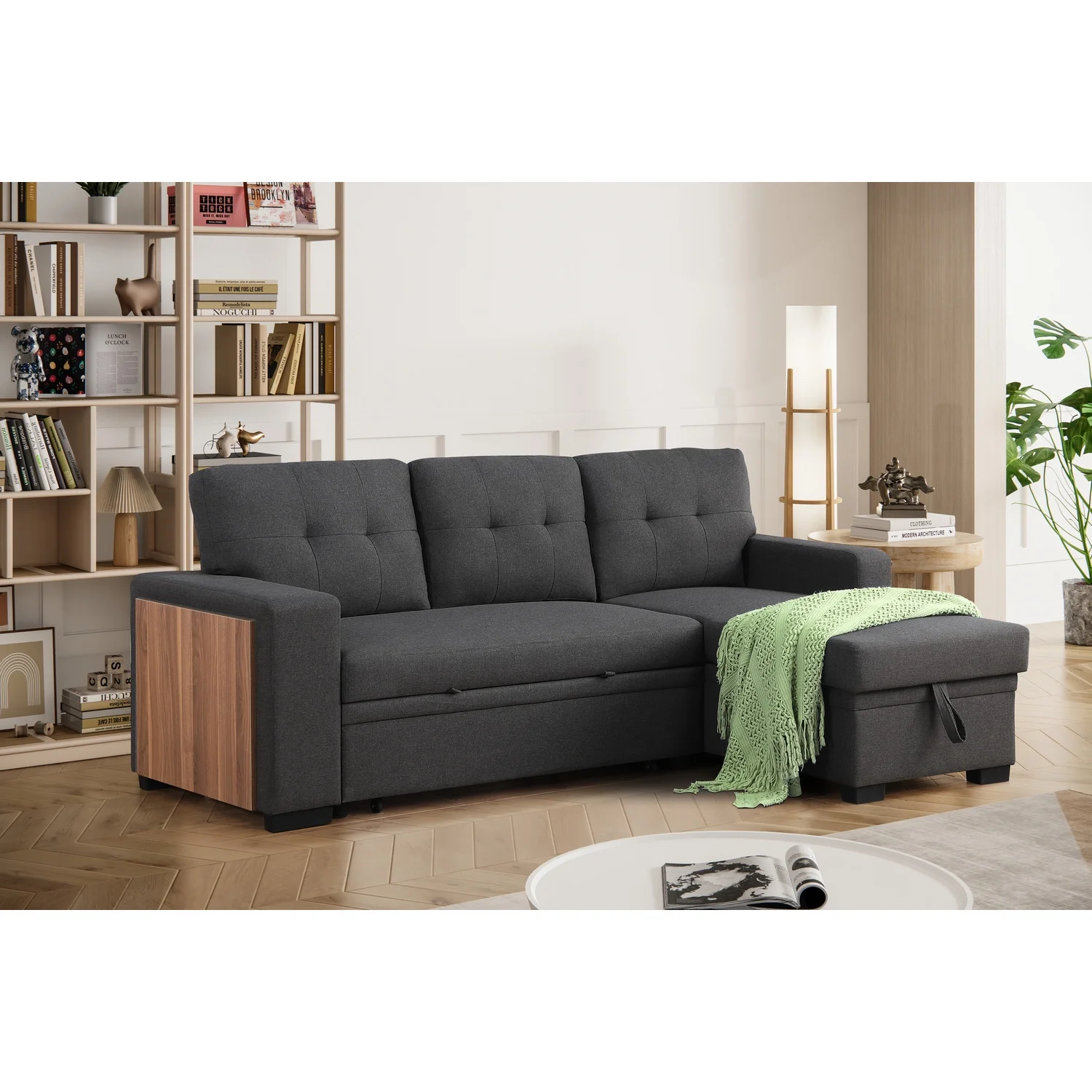 HomeStock Fabric Reversible Modern Side Compartment Sleeper Sectional Sofa Bed-Dark Gray - Curated Treasures Market