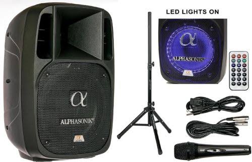 Alphasonik 10 Powered 1600W Pro DJ Amplified Loud Speaker Bluetooth USB SD Card Aux MP3 FM Radio PA System LED Ring Karaoke Mic
