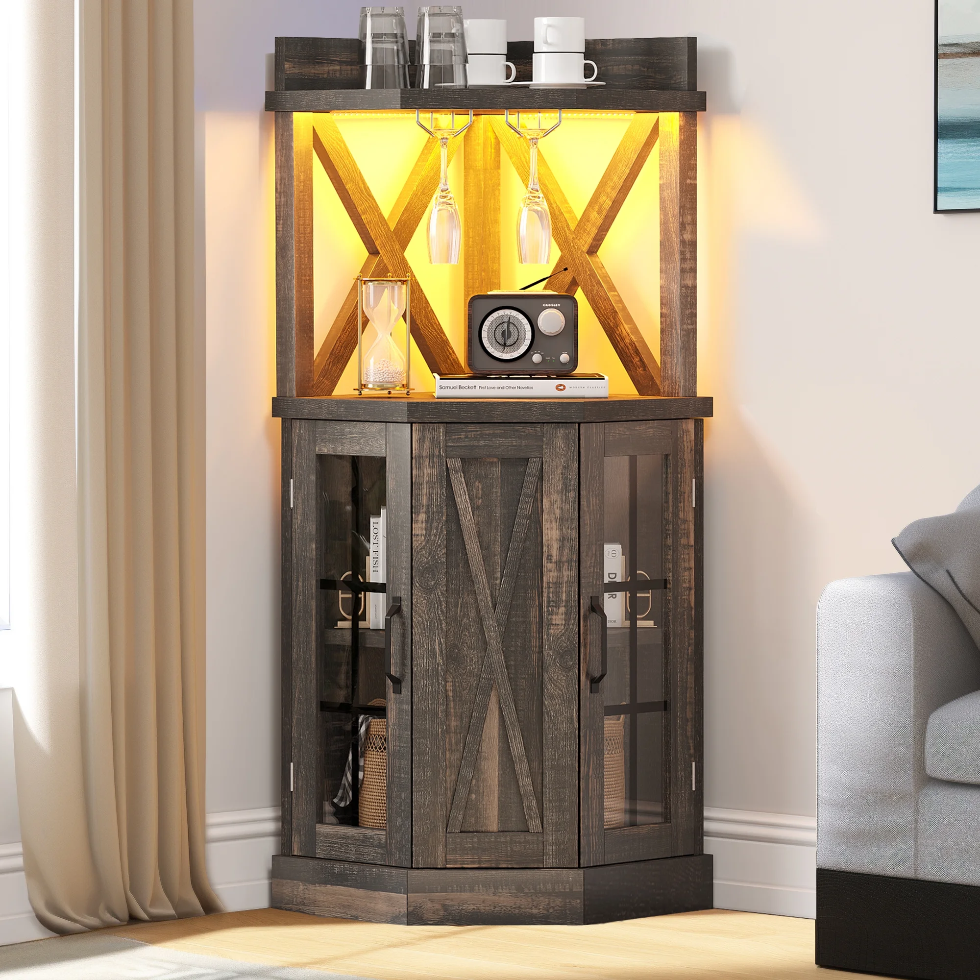 DWVO 53" Corner Bar Unit, 2 Tier Freestanding Corner Wine Bar Cabinet with Adjustable RGB LED Lights, Mini Bar Cabinet with Goblet Rack for Home Pub