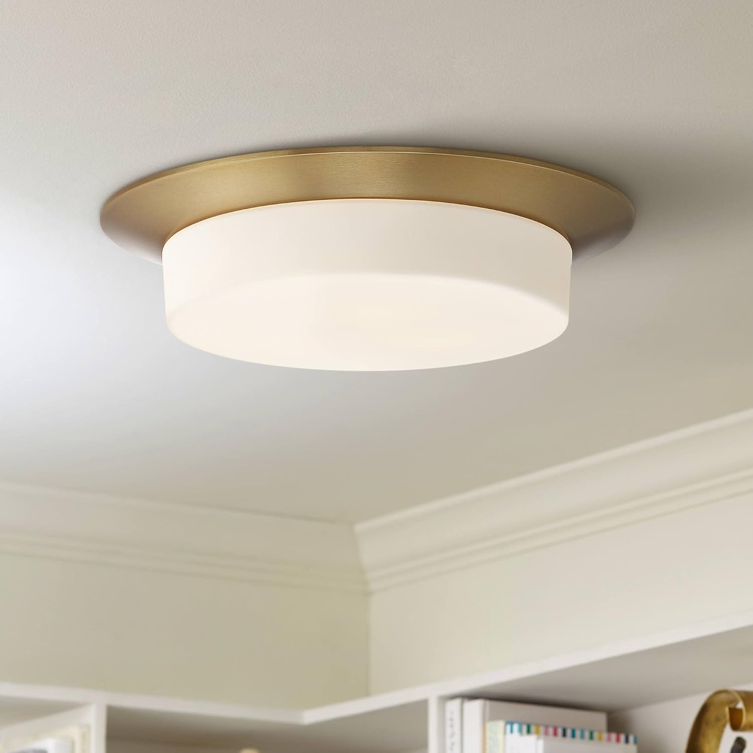 Possini Euro Design Melber Modern Ceiling Light Flush-Mount Fixture 14" Wide Warm Brass Gold Metal 3-Light Sleek White Opal Glass Shade for Bedroom