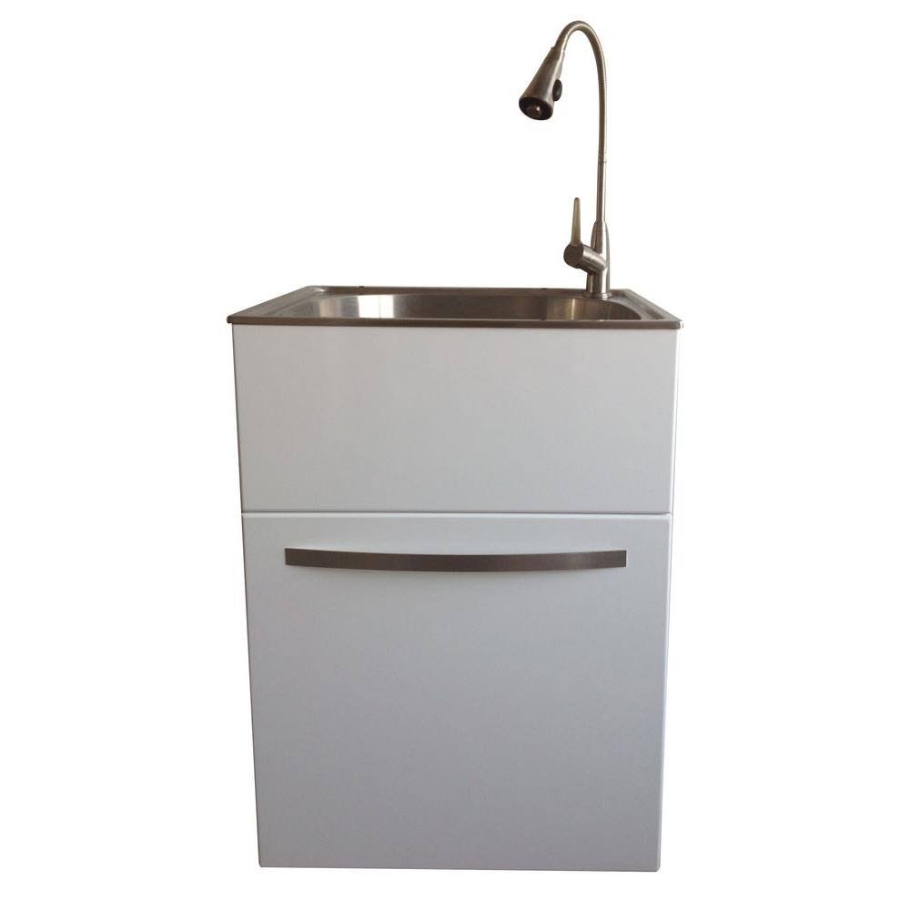 Glacier Bay All-in-One 24.2 in. x 21.3 in. x 33.8 in. Stainless Steel Utility Sink and Large White Drawer Cabinet, High Gloss PV