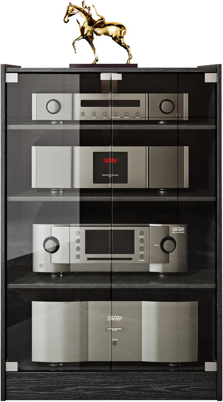 Media Storage Cabinet with Height Adjustable, 4-Tier Shelves Audio Video Media Stand Cabinet, Modern AV Cabinet with Glass Doors