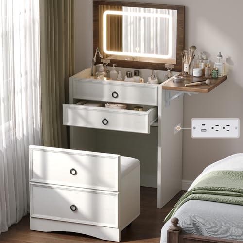 3-in-1 Vanity Set with LED Lighted Flip Top Mirror, Makeup Table with Fold-Up Panel, Hidden Stool, Charging Station