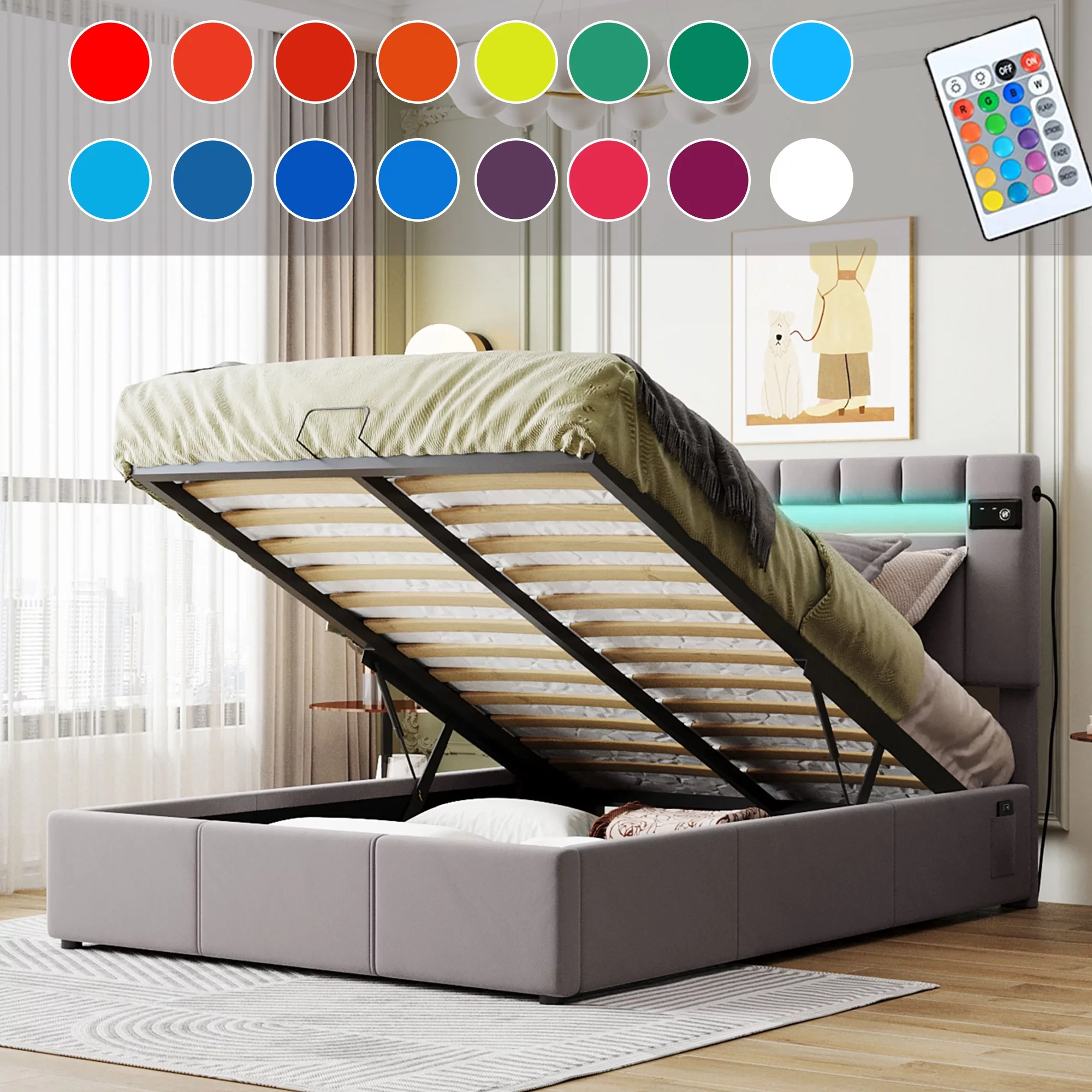 Bellemave Full Size Bed Frame with Storage and LED Light, Lift Up Upholstered Platform Bed with Bluetooth Player and USB Charging