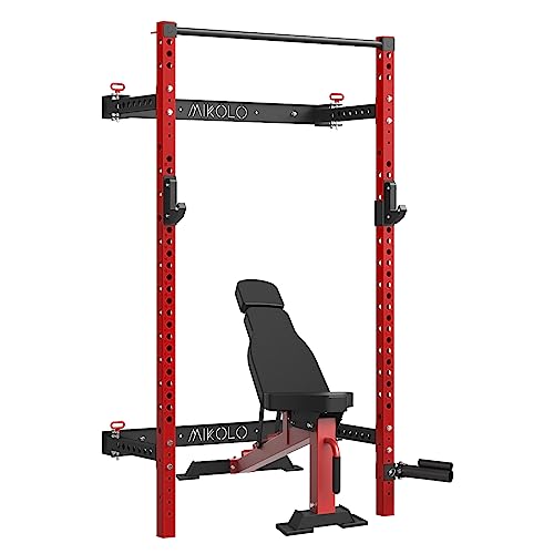 Mikolo 2.36'' x 2.36'' Folding Wall Mounted Squat Rack, 1000 Pounds Capacity Power Rack with Weight Bench，Pull Up Bar, J Hooks and Other Attachments