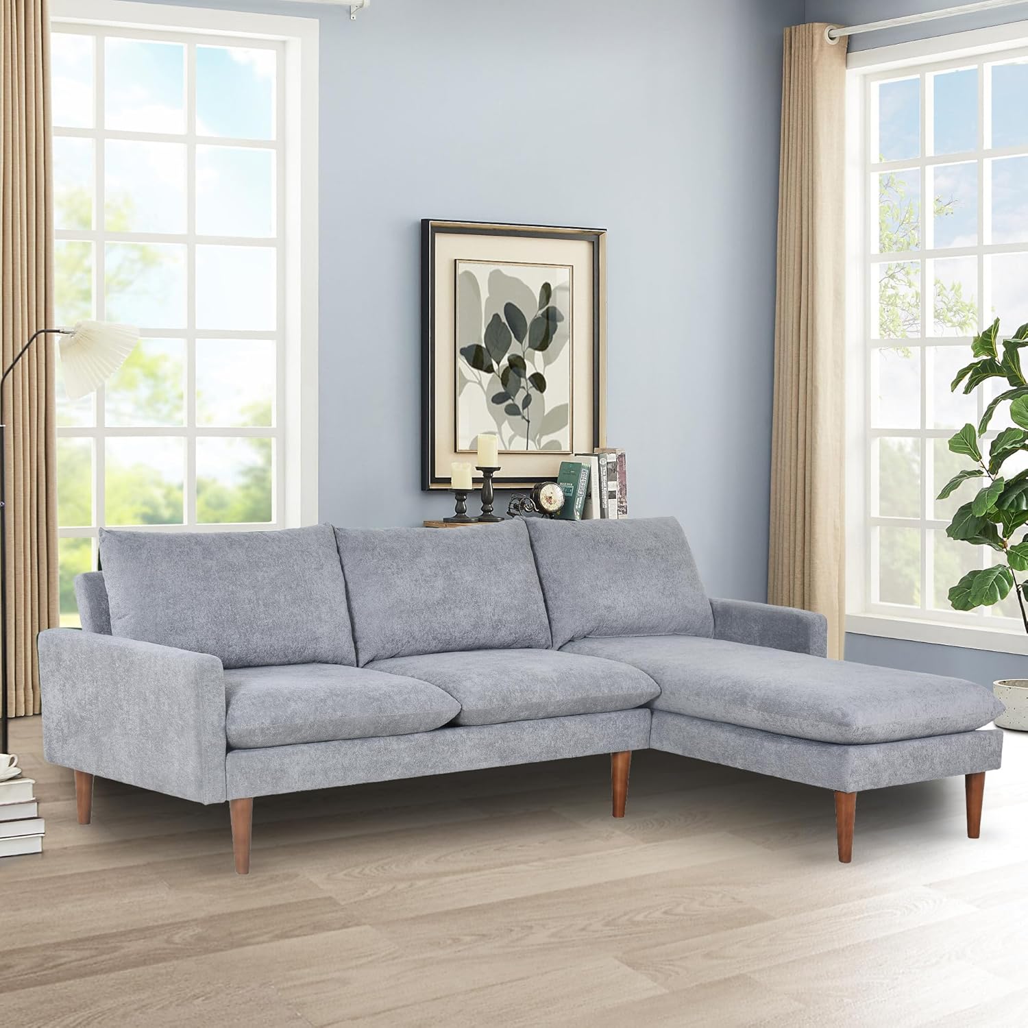 Upholstered Sectional Sofa for Home Apartment Dorm, Bonus Room Compact Spaces w/Chaise Lounge, 3-Seat, L-Shape Design - Grey