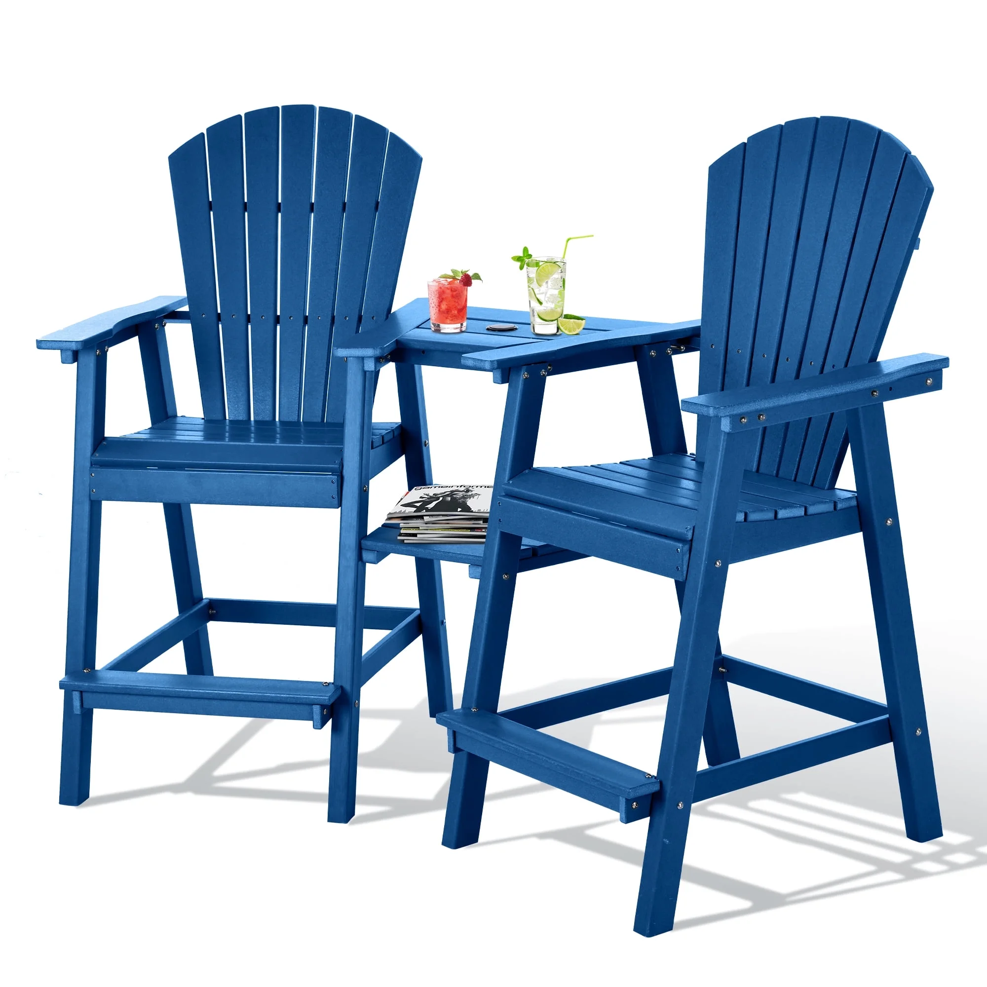 Tall Adirondack Chair Set of 2, HDPE Balcony Chair with Double Connecting Tray, Outdoor Weather Resistant Adirondack Chair, Navy Blue