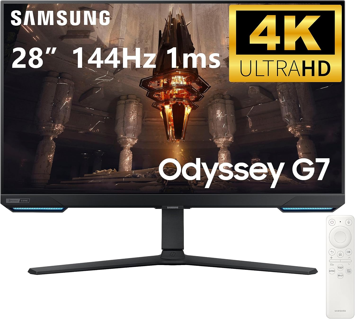 SAMSUNG 28" Odyssey G70B 4K UHD IPS 144Hz 1ms G-Sync Wireless Gaming Monitor - 3840 x 2160, 16:9, 1000:1, HDR 10+, WiFi, Bluetooth 5.2, DisplayPort
