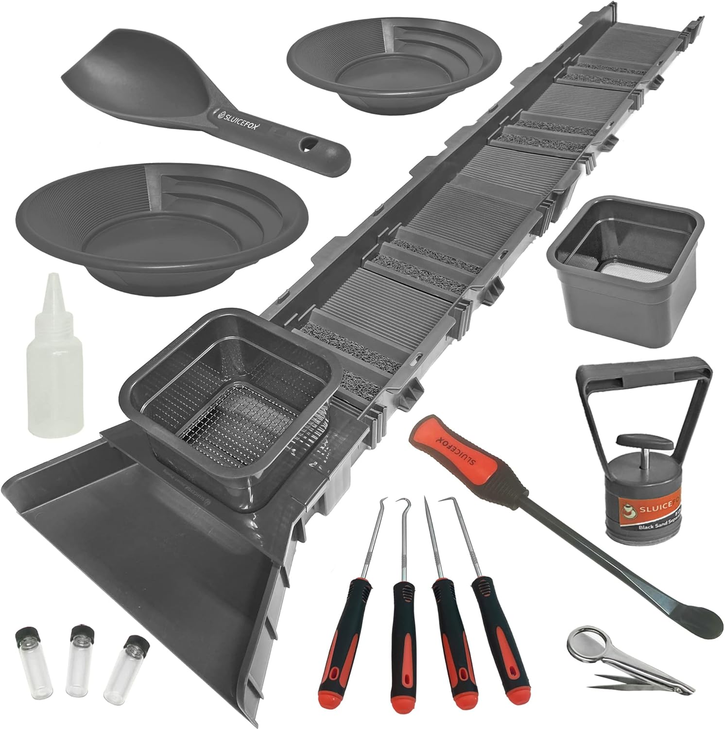 53 inch Sluice Box Compact Gold Panning Kit; Portable Sluice Box and 2 Classifier sifting Pans; Huntley Spoon; paydirt Scoop