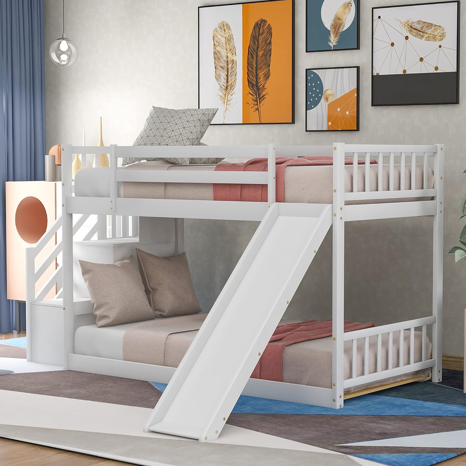 Kids Bunk Bed With Stairs, Over Bunk Bed With Stairs And Slide, Low Bunk Bed For Toddlers Wood, Bunk+Bed+With+Slide, White
