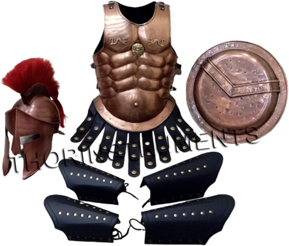 THOR INSTRUMENTS King Leonidas Spartan 300 Movie Helmet W/Red Plume +Muscle Jacket+ Leather Leg Arm Guards Medieval Armor Shield Black Rustic Vintage