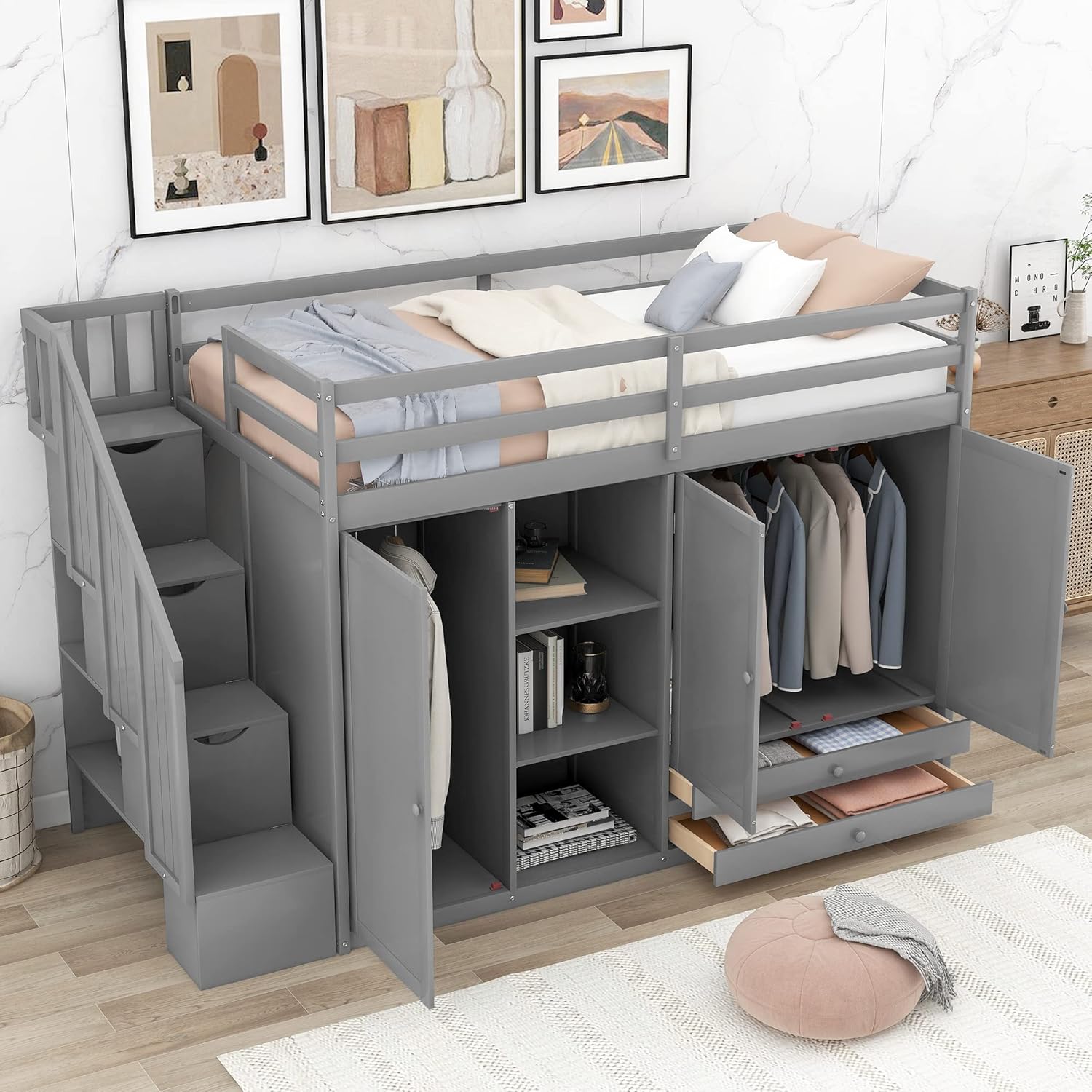 Twin Size Functional Loft Bed with 3 Shelves, 2 Wardrobes and 2 Drawers, Ladder w/Storage Stairway, Wooden Loft Bedframe