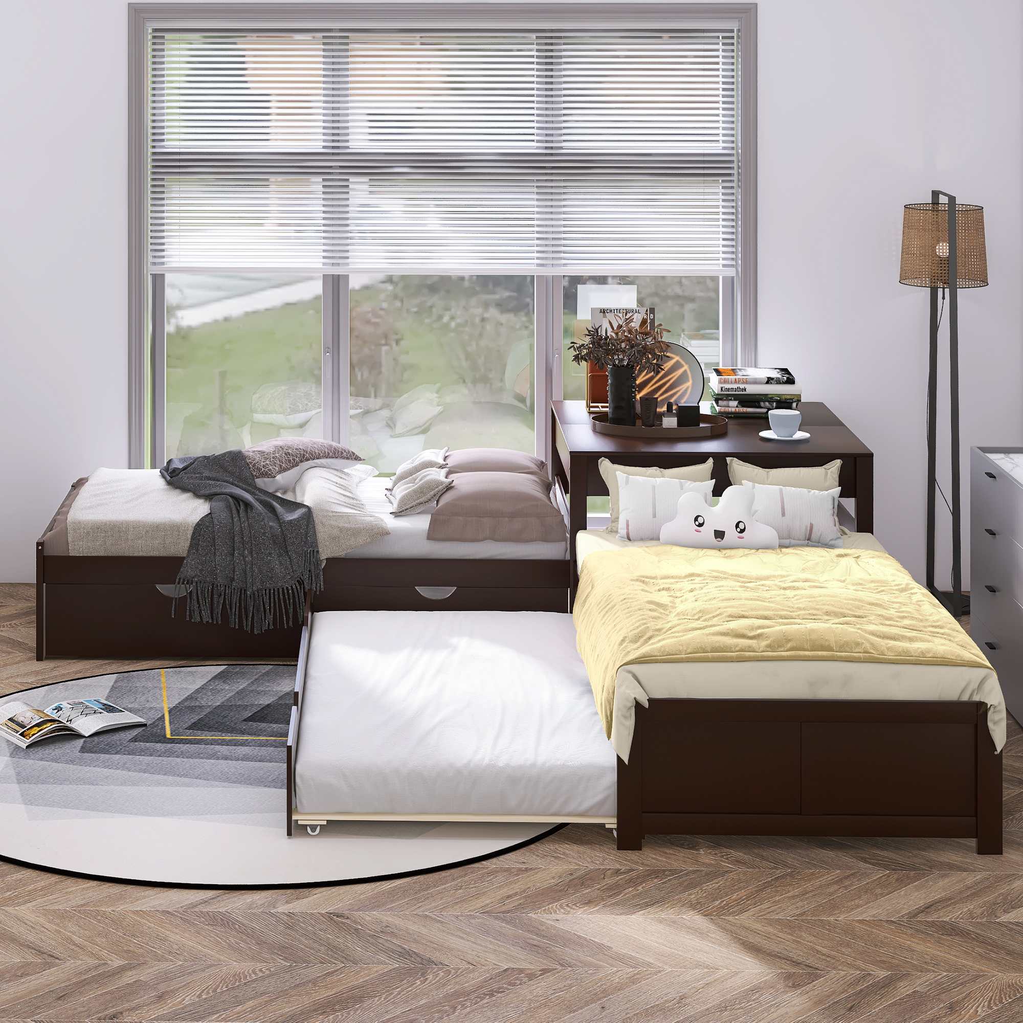 L Shaped Platform Bed with Two Trundles, Wooden Twin Corner Bed with Built-in Square Table for Kids Teens Adults