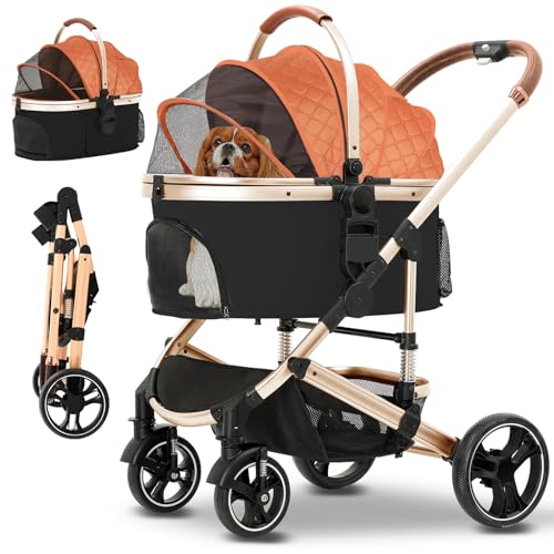 Pet Stroller 3 in 1 Folding Lightweight Dog Stroller with Detachable Carrier & Storage Basket, Premium 4 Wheels Travel for Puppies, Doggies