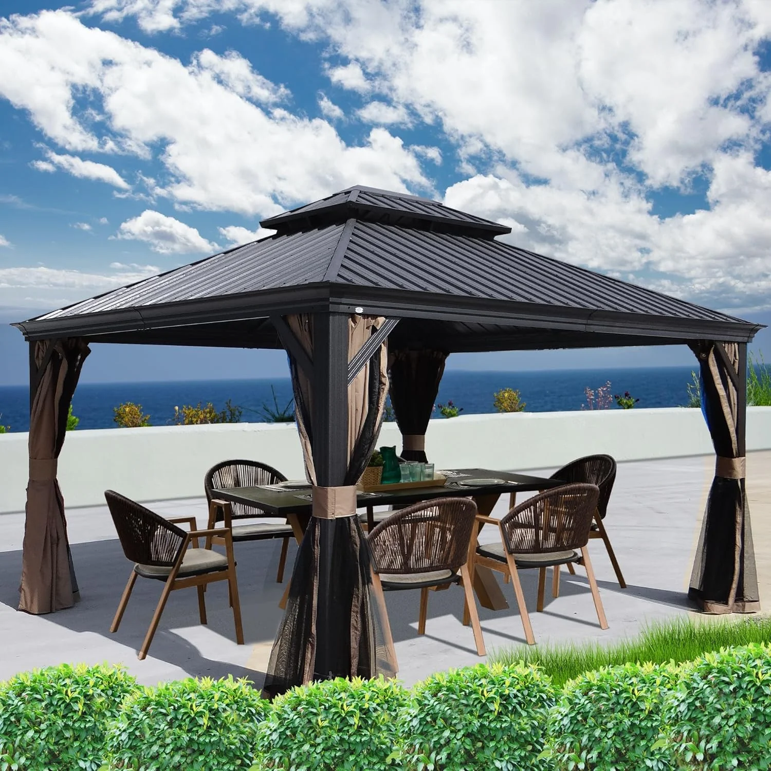 Kozyard Alexander Hardtop Aluminum Permanent Gazebo with a Mosquito Net and Privacy Sidewalls (Alexander 12'x14' (Gray))