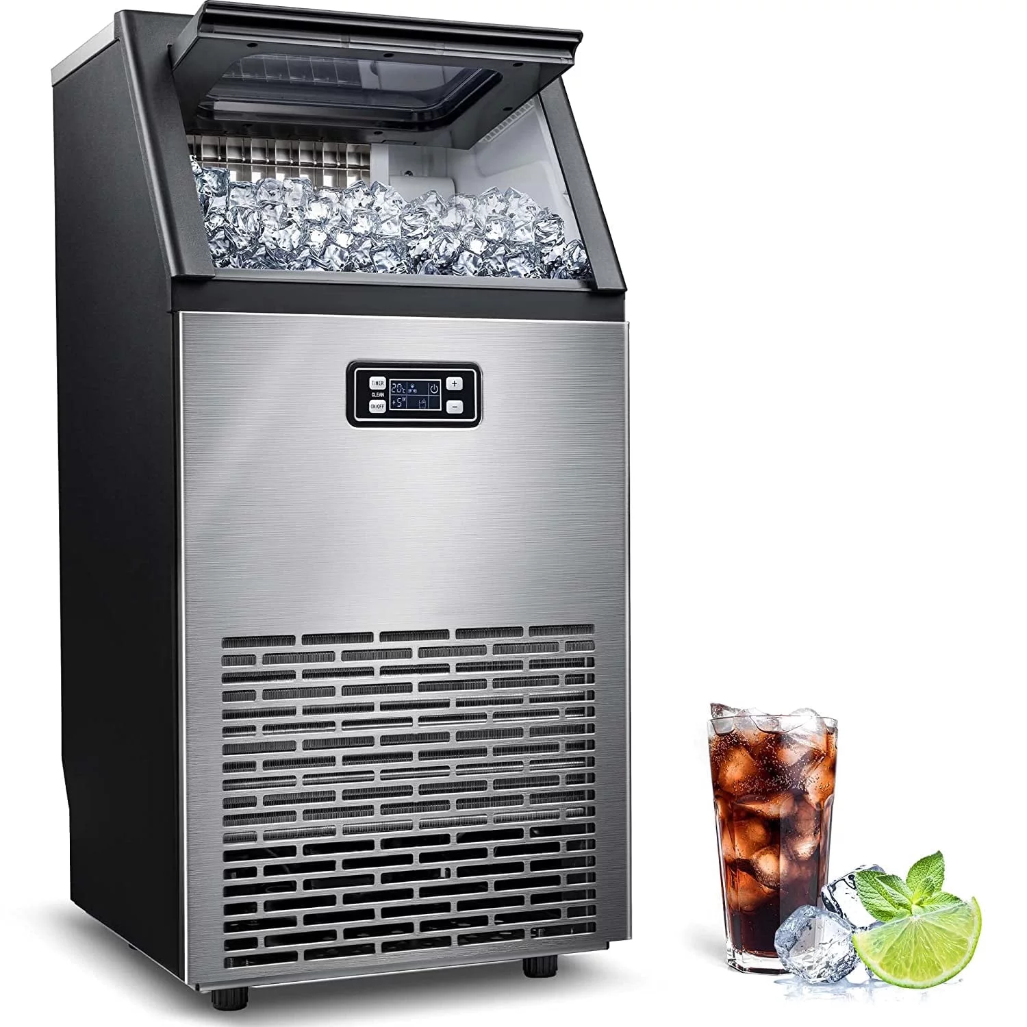 Auseo Commercial Ice Maker Machine, Under Counter/Freestanding Ice Maker, 100LBS/24H, 45Cubes/12-20Mins, Self-Cleaning, 24HTimer