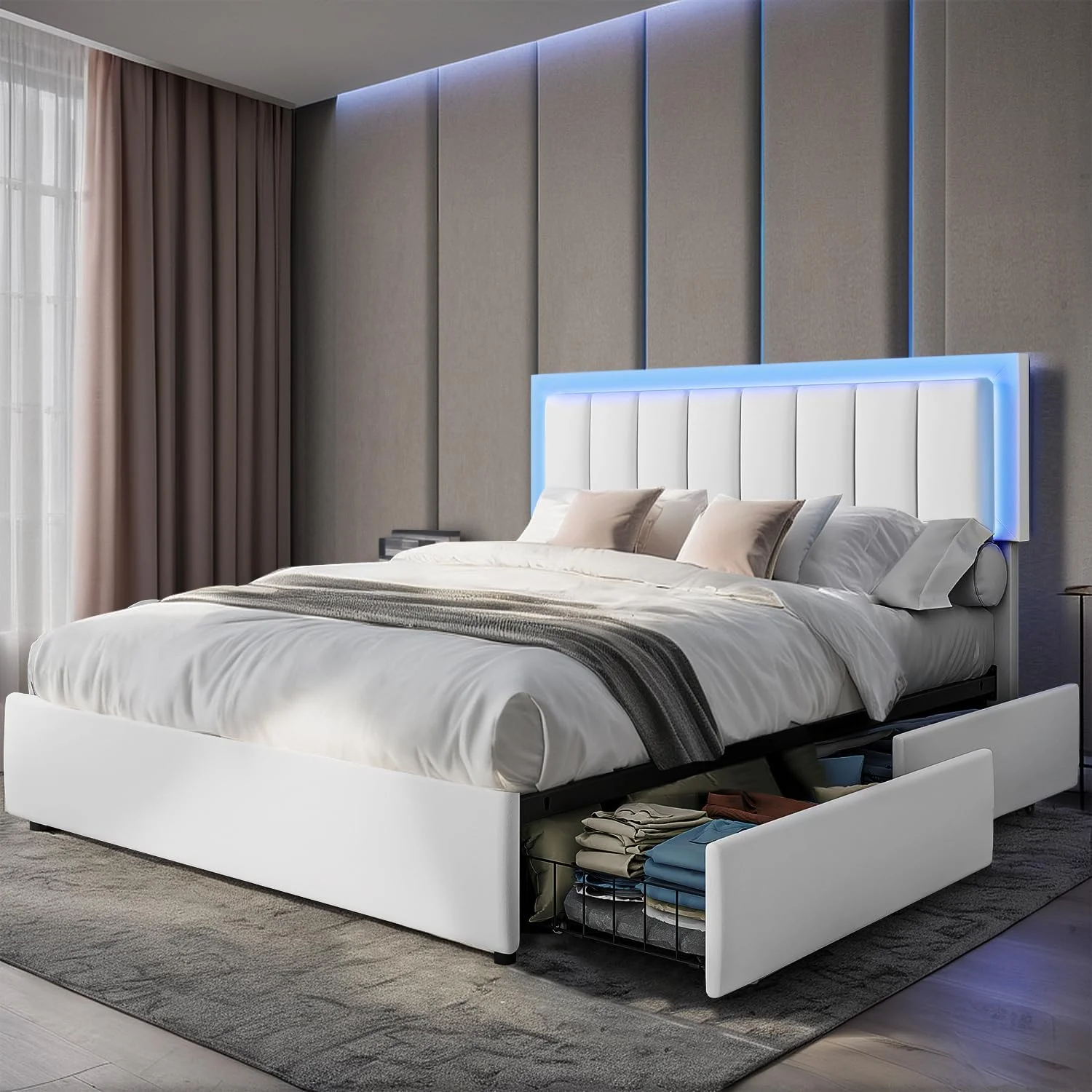 Queen Size Bed Frame with Smart LED Lights Headboard & 4 Drawers, Upholstered Bed Frame Queen with Storage, Modern Faux Leather White Bed Frame