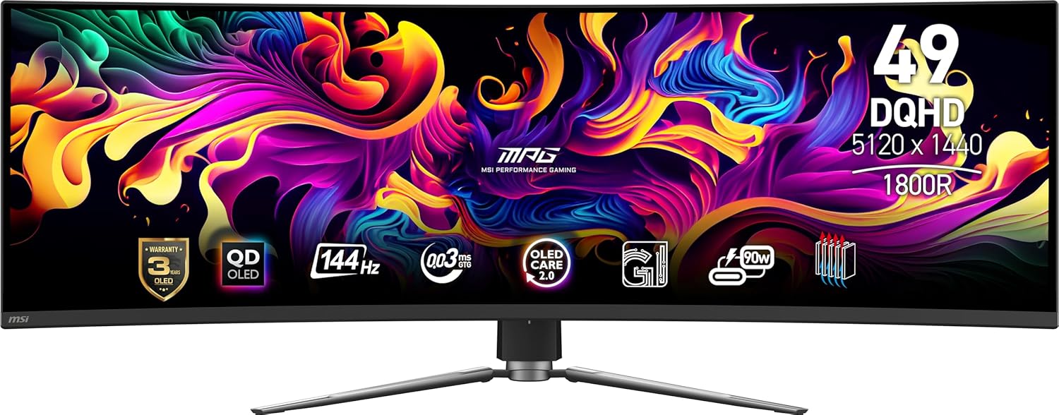 MSI MPG 491CQP QD-OLED, 49 Curved OLED Gaming Monitor, 5120 x 1440 (DQHD), OLED 0.03ms Response time, 144Hz, True Black HDR 400, HDMI, DP Port