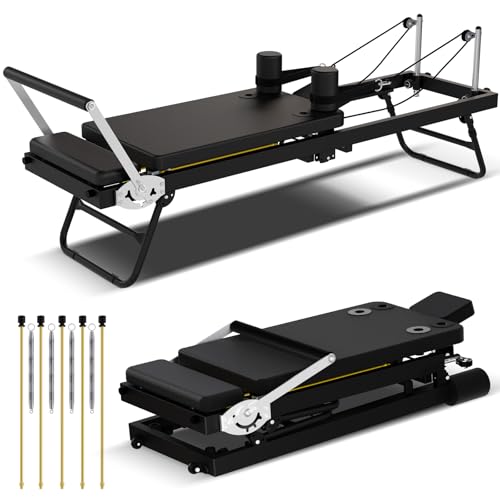 Foldable Pilates Reformer for Home Use, Portable Pilates Machine Reformer with Adjustable Resistance, Springs and Cords, Compact, Lightweight