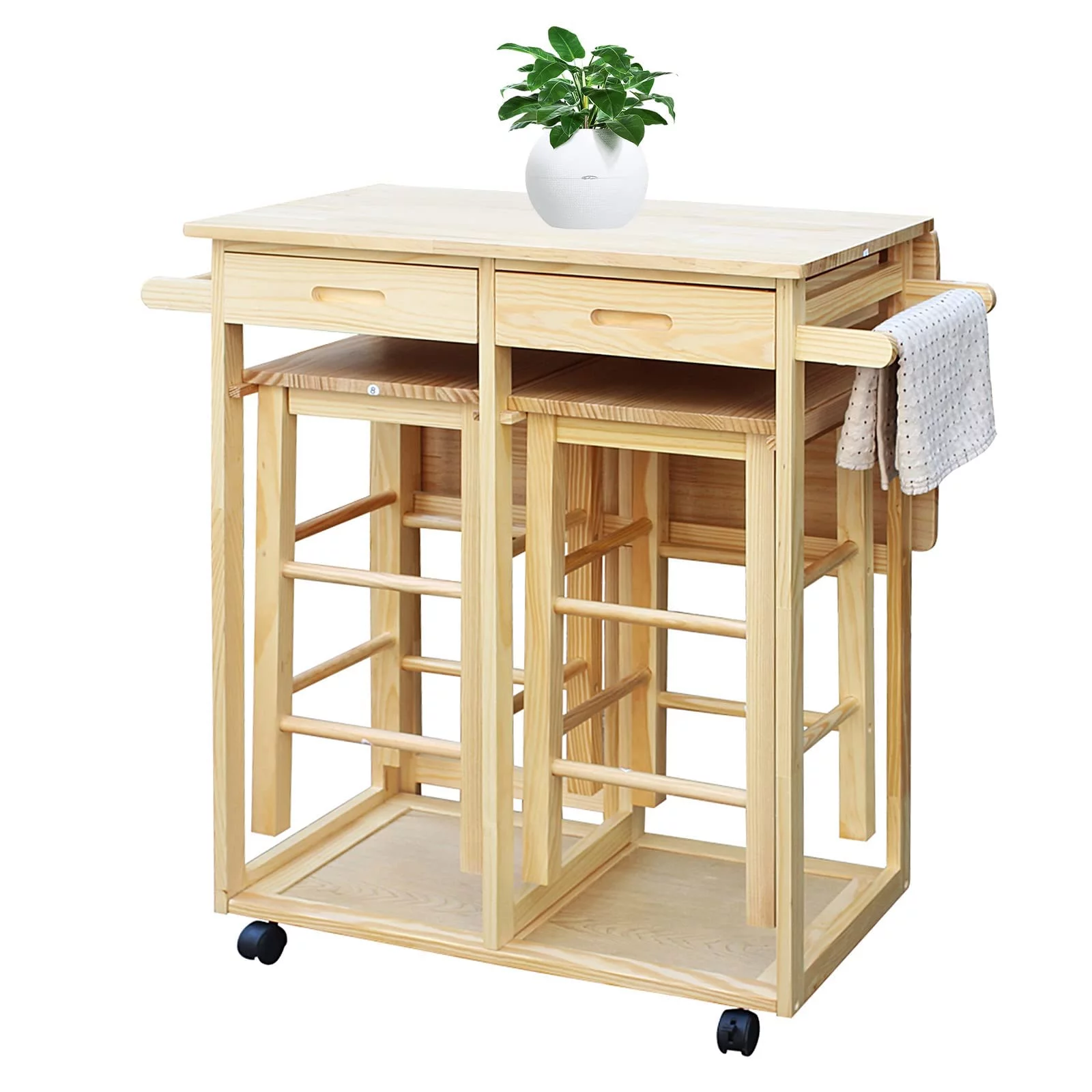 3Pcs Drop Leaf Table, Rolling Kitchen Tables for Small Spaces, Space Saving Dining Table Set for 2, Natural