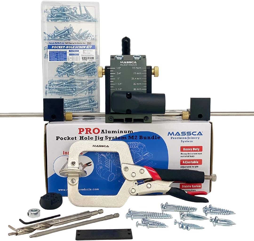 Massca Pro Aluminum Pocket Hole Jig System Set -M2 Bundle &ndash; Adjustable & Easy to Use Joinery Woodworking Tool w/Drill Bit, Hex Key Screws