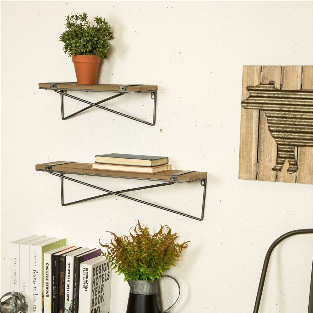 Glitzhome Farmhouse Rustic Metal Wooden Wall Shelf Set of Two - Large and Small