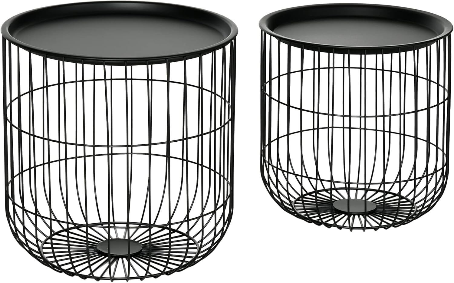 Nesting Coffee Tables, Round Coffee Table Set of 2 with Steel Wired Basket Body and Removable Top