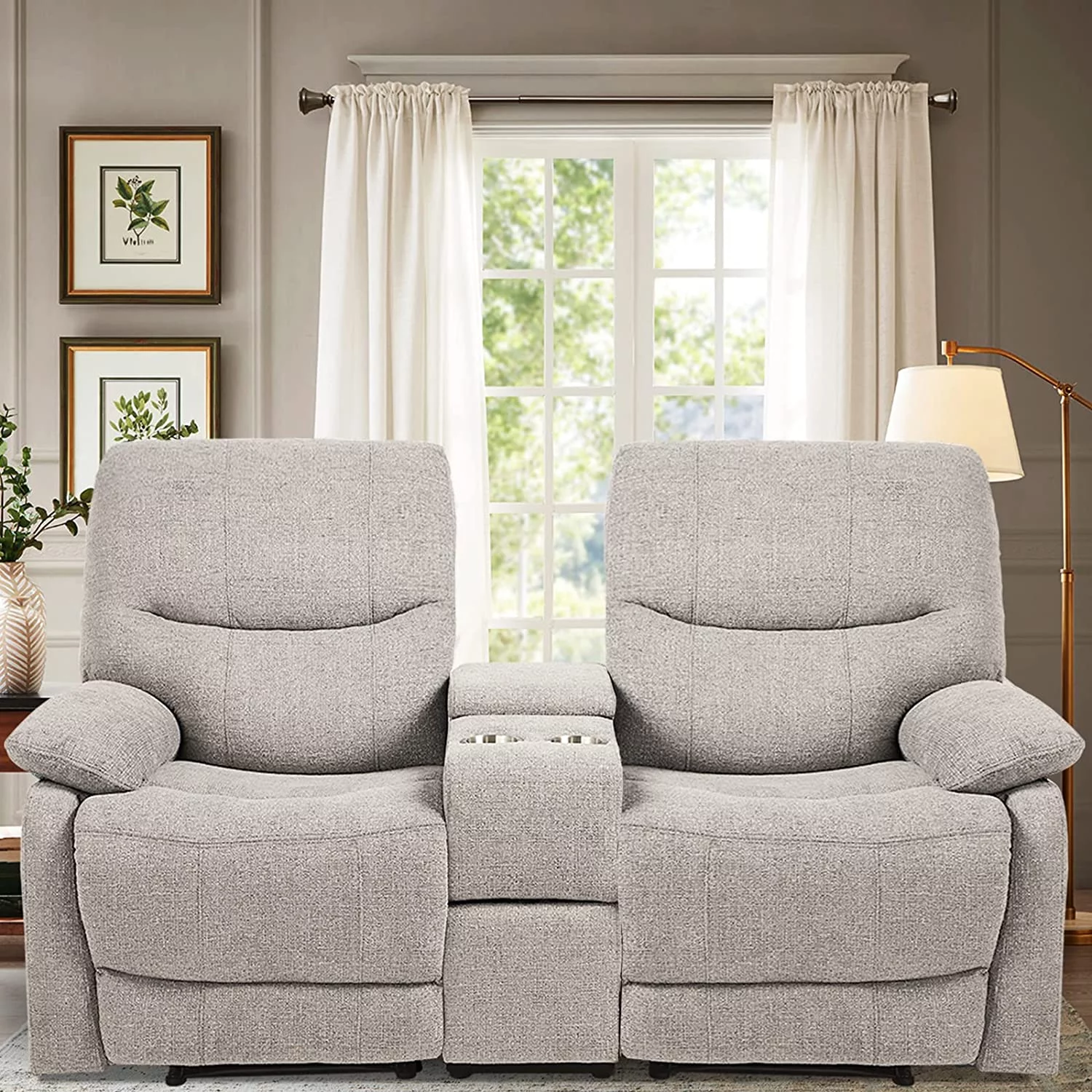 Double Reclining Loveseat - Fabric Home Theater Seating with Console - Glider Reclining Couch for Living Room, Office