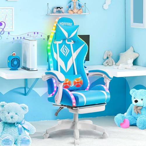 HOFFREE Gaming Chair Massage with Bluetooth Speakers and Led Lights Ergonomic Computer Gaming Chair with Footrest RGB Video Game Chair with High Back