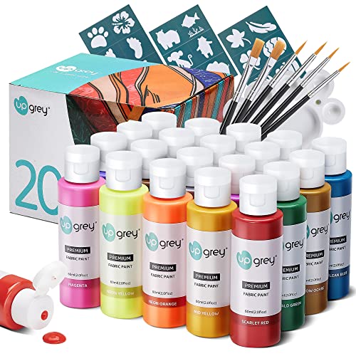 Fabric Paint Set for Clothes, 20 Colors(60ml/2oz Each) Permanent Textile Paint with 6 Brushes, 1 Palette, Washable Fabric Paint