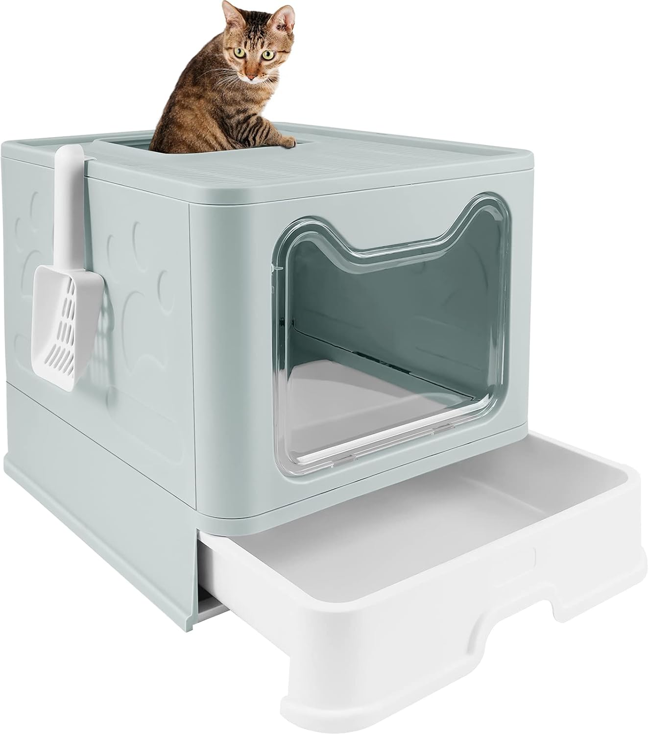 voopet Foldable Cat Litter Box with Lid, Dog Proof Large Cat Litter Pan Drawer Type Cat Potty with Cat Litter Scoop Easy to Scoop & Anti-Splashing