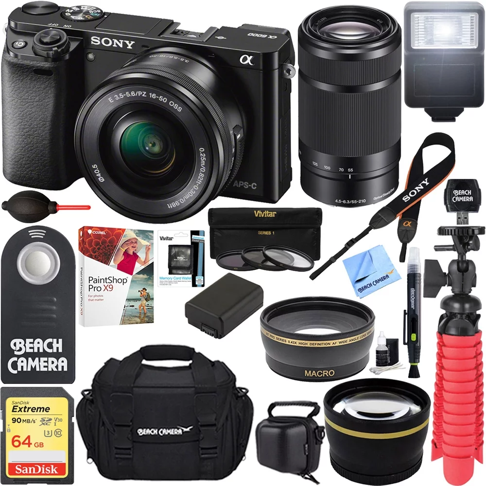 Sony Alpha a6000 24.3MP Mirrorless Camera 16-50mm & 55-210mm Zoom Lens (Black) + 64GB Accessory Bundle + Large Gadget Bag + Extra Battery+Wide Angle