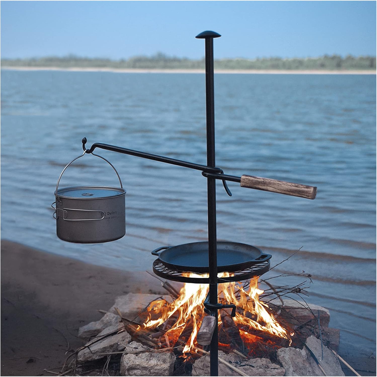 HZGAMER Fire Pit Grill, Adjustable Swivel Campfire Grill Heavy Duty BBQ Steel Grate, Over Fire Camping Grill for Outdoor Barbecue Over Open Fire