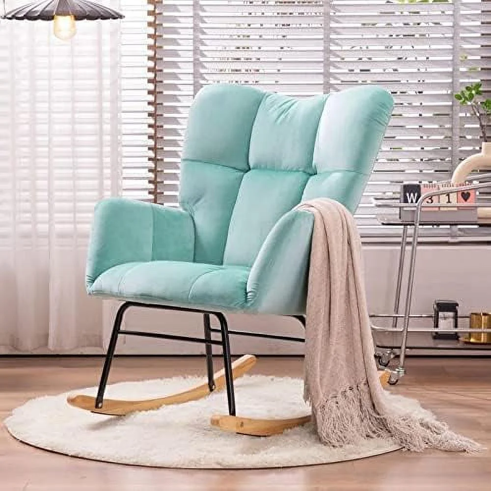 TJUNBOLIFE Nursery Rocking Chair Teddy Fabric Padded Seat with High Backrest and Armrest Accent Chair Upholstered Armchair Single Sofa Accent Glider