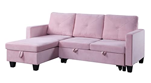 Bibury Reversible Sleeper Sectional Sofa with Storage Chaise in Velvet Fabric (Pink)