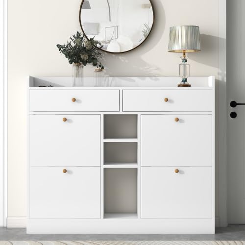 Modern Cabinet with 4 Flip, Multifunctional 2-Tier Storage Organizer with Drawers, Free Standing Shoe Rack for Entrance Hallway, Black