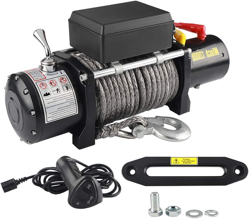 12V DC Winch with Synthetic Rope: 9.5MM X 28M(3/8"-91.86'), 6 Ton (12,000 lb) Pulling Capacity