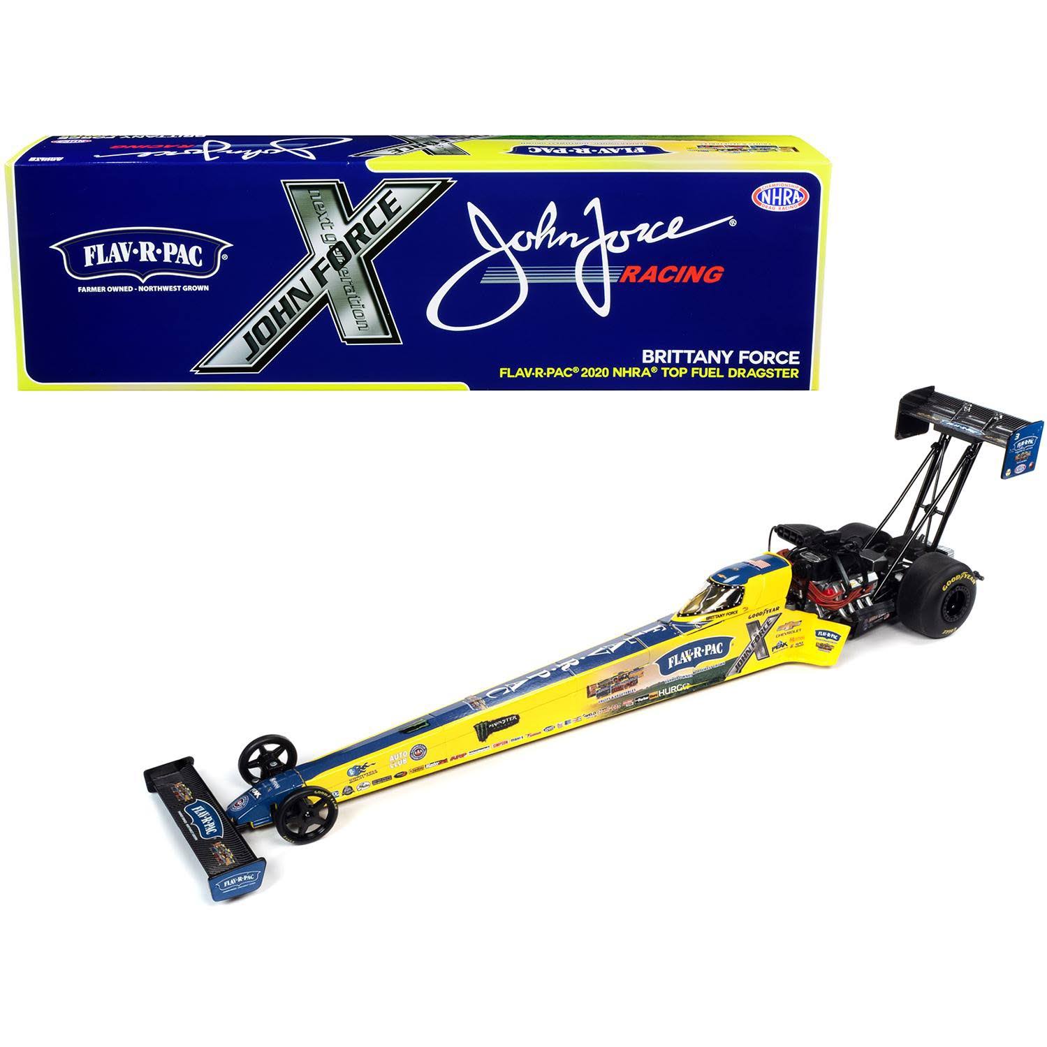 2020 NHRA Funny Car TFD (Top Fuel Dragster) Brittany Force Flav-r-pac John Force Racing 1/24 Diecast Model Car by Autoworld