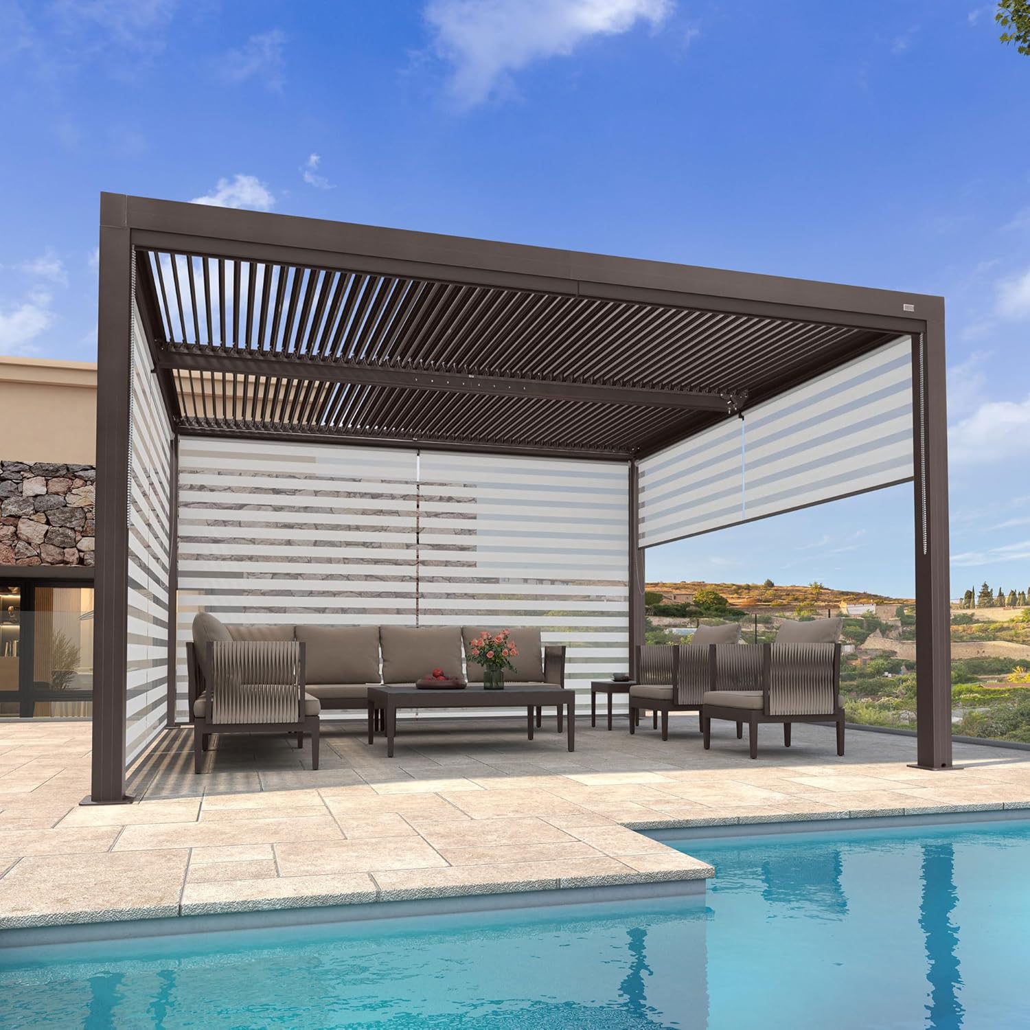 PURPLE LEAF Outdoor 11' × 13' Louvered Pergola with Roller Blinds Patio Adjustable Aluminum Canopy Retractable Metal Roof for Deck Outside Backyard